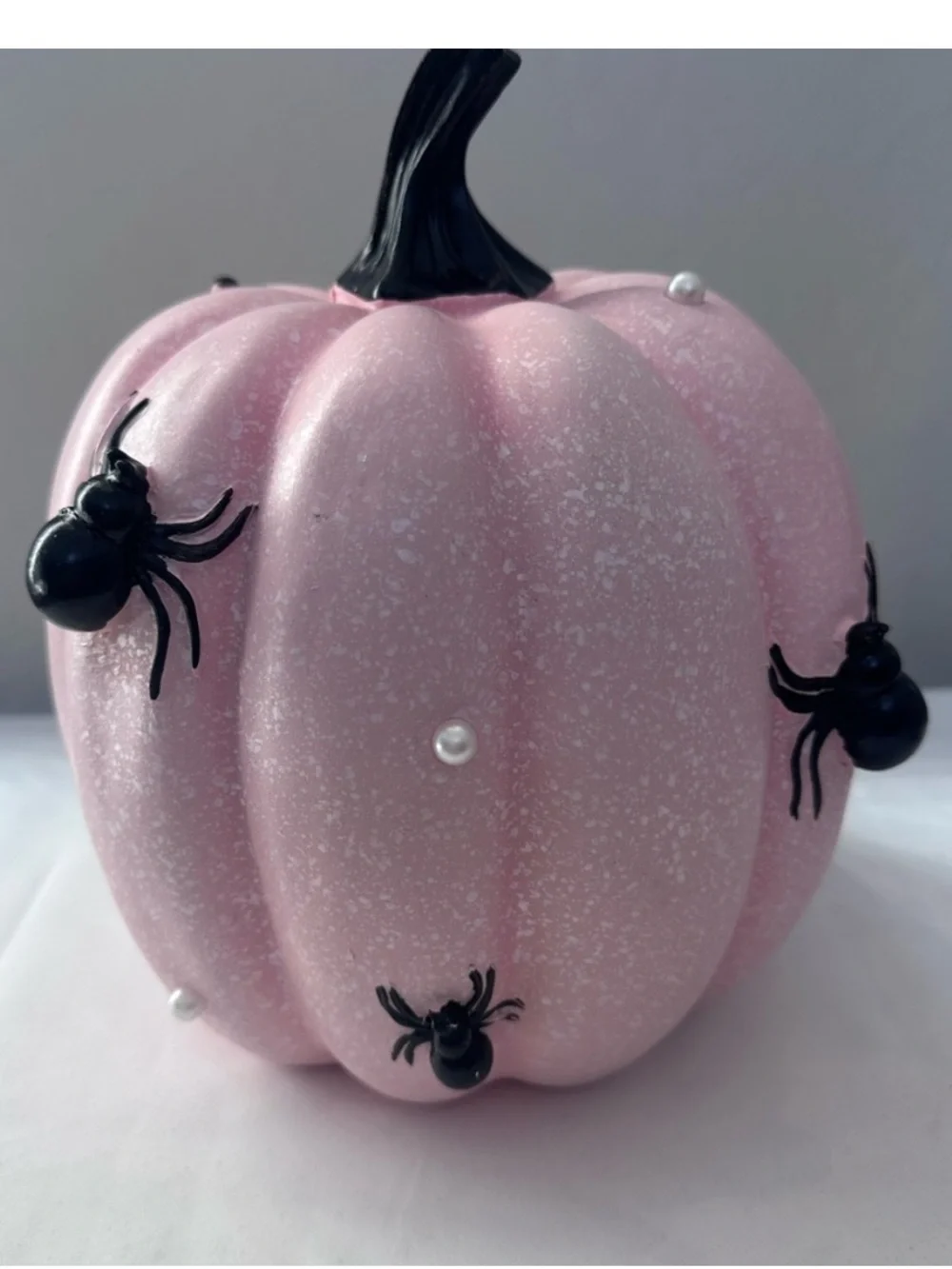 Pink Halloween Pumpkin Decor Black Spiders Faux Pearls 9.5” Tabletop